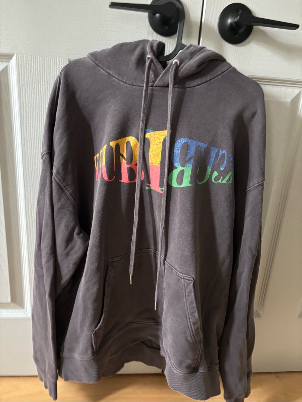 Ksubi Washed Charcoal Crewneck Hoodie with Rainbow Chest Script